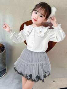 2pcs/Set Young Girl Front Button Long Sleeve Casual Top And Mini Skirt