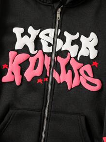 Sparklyn 少女街头时尚拉链卫衣，带保暖连帽套头衫，适合秋冬季穿着 - 黑色 - 查看 3