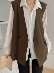 DAZY Women's Plain Single-Breasted Sleeveless Casual Vest Women Blazers Buisness Attire - Khaki - View 2