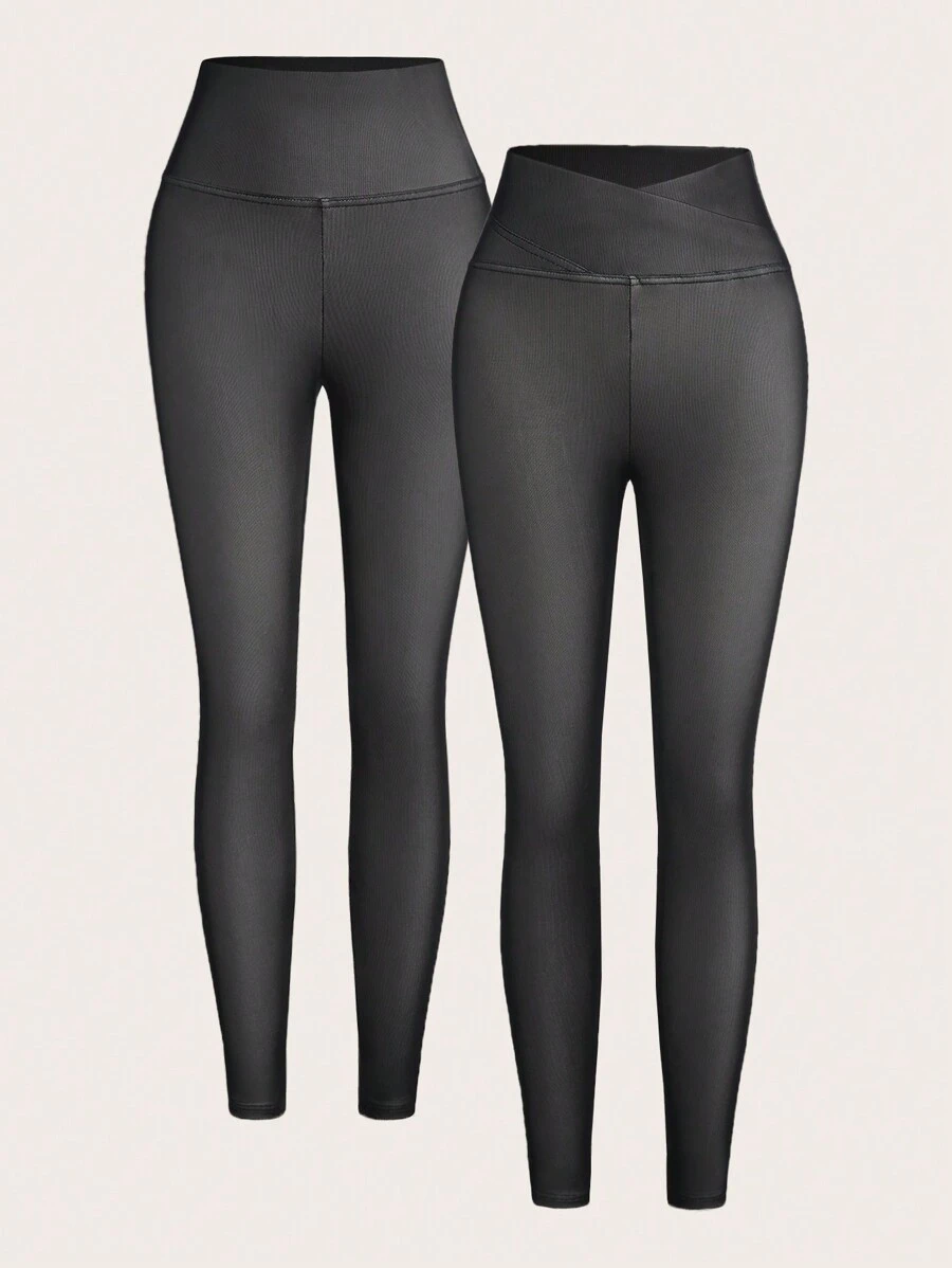 SHEIN EZwear 女士纯色不对称腰部紧身休闲打底裤