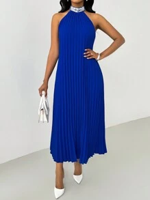 SHEIN Unity Women's Elegant Sequins Decor Sleeveless Pleated Maxi Dress, Blue, Spring/Summer - Blue - View 3