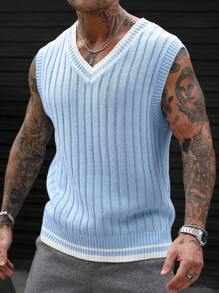 Manfinity Homme Men's V-Neck Sleeveless Solid Color Patchwork Casual Knit Vest - Multicolor - View 3