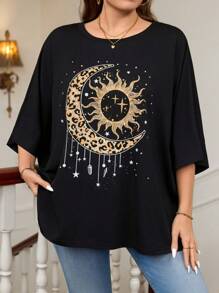 SHEIN LUNE Henna Tattoo, Glitter Leopard Print, Moon & Star Graphic Casual Minimalist T-Shirt, Suitable For Summer Summer For Plus Size Women Summer For Plus Size Women - Black - View 1
