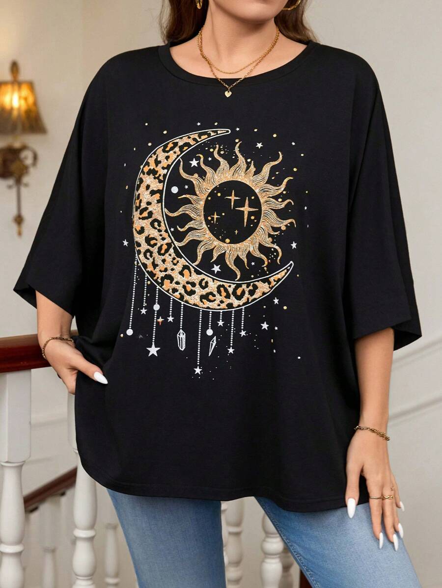 SHEIN LUNE Henna Tattoo, Glitter Leopard Print, Moon & Star Graphic Casual Minimalist T-Shirt, Suitable For Summer Summer For Plus Size Women Summer For Plus Size Women - Black - View 1