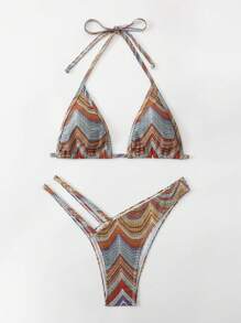 Swim Vcay Summer Beach Striped Cut Out Halter Triangle Thong Bikini - Multicolor - View 5