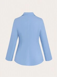 SHEIN Clasi 大码女士商务休闲双排扣西装外套和直筒裤套装，蓝色，春/秋 - 淺藍色 - 查看 7
