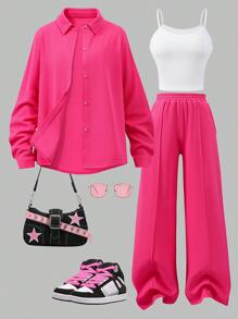 SHEIN 2pcs Teen Girl Solid Color Front Button Long Sleeve Minimalist Top And Pants 2 Pieces Pink Outfit Set - Hot Pink - View 1