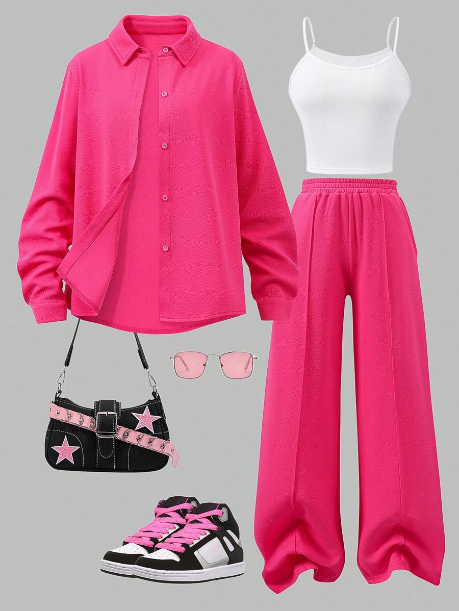 SHEIN 2pcs Teen Girl Solid Color Front Button Long Sleeve Minimalist Top And Pants 2 Pieces Pink Outfit Set - Hot Pink - View 1
