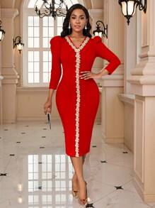 SHEIN Lady Casual Solid Patchwork V Neck Pencil Dress Red Festive Dress, New Year's Women's Long Dress, Neckline Lace Sequin Decoration, Slim Straight Dress, Christmas Party