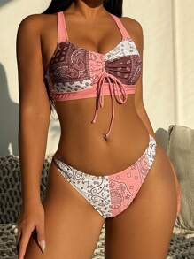 Swim Lushoire 女士佩斯利印花吊带前系带性感比基尼泳装套装适合海滩度假夏季 - 彩色 - 查看 3