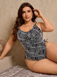SHEIN Swim Curve 1 pieza Traje de baño de una sola pieza para mujer talla grande, con textura monocroma y rayas onduladas, para uso diario y vacaciones de verano