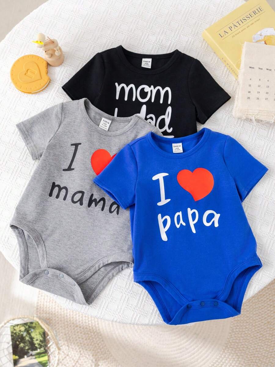 SHEIN 4件套婴儿爱心字母印花针织柔软圆领短袖连体衣，男女宝宝均适用