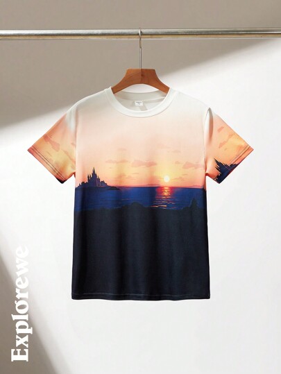 SHEIN Una camiseta juvenil de estilo urbano y casual para adolescentes en un solo paquete, con cuello redondo, mangas cortas y un estampado de paisaje con puesta de sol. Es adecuada para diversas ocasiones como salidas de primavera y verano, fotografía callejera, fiestas, escuela y uso diario.