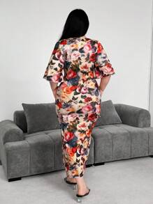Vibekara Vestido de verano de talla grande para mujer con estampado floral diminuto retro, cuello cruzado en V, y lazo en la cintura, elegante vestido de fiesta dulce y sexy para ocasiones especiales