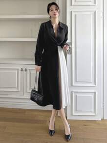 DAZY Contrast Color Pleated Panel Midi Dress For Women Shirt Dress,Fall Dress Long Sleeve Dress - Black - View 9