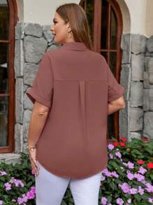 SHEIN LUNE Plus Size Plain Front Button Short Sleeve Pocket Casual Shirt - Redwood - View 2