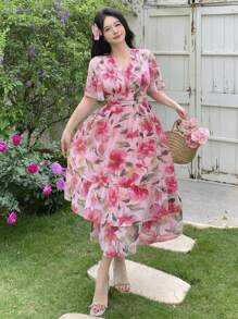 Joudiya Vestido midi floral vintage con cuello en V y mangas con volantes para mujer