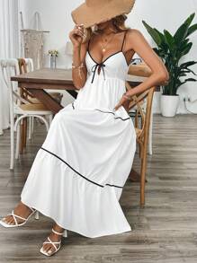 SHEIN Unity Black & White Patchwork Hollow Out Bow Front Cami Dress For Women - White - View 6