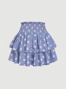 SHEIN MOD 女式蓝白格子纸袋腰荷叶边下摆迷你裙，春季上衣，度假女士，外出女士，音乐会女士，女士西式服装，茶会 - 藍白色 - 查看 2