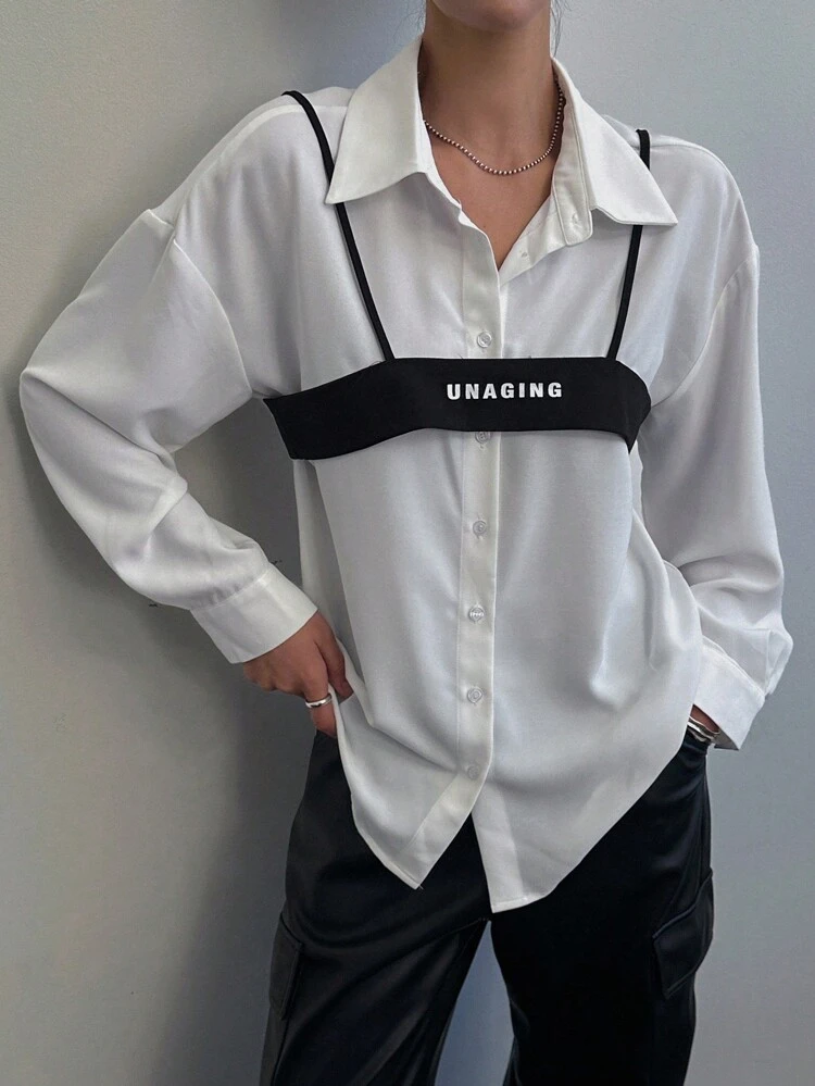 2pcs/Set Women's Contrast Color Strap Shirt With Letter Print Loose Long Sleeve Lapel,Fall Clothes