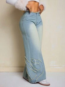 SHEIN SXY Jeans casual a gamba larga con design a frange e tasche, vestibilità morbida per le donne