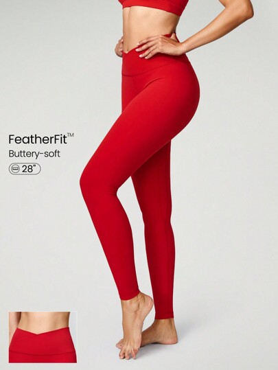 GLOWMODE 28" FeatherFit™ Crossover Red Leggings Gym Fall Winter