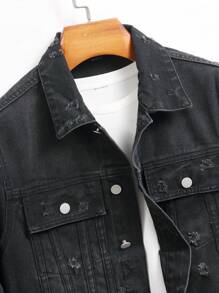 Manfinity Homme Men's Ripped Single Breasted Casual Denim Jacket, Autumn - Black - View 1