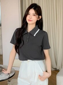 DAZY Contrast Ruffle Collar Women's Short Sleeve Casual T-Shirt - Dark Grey - View 8