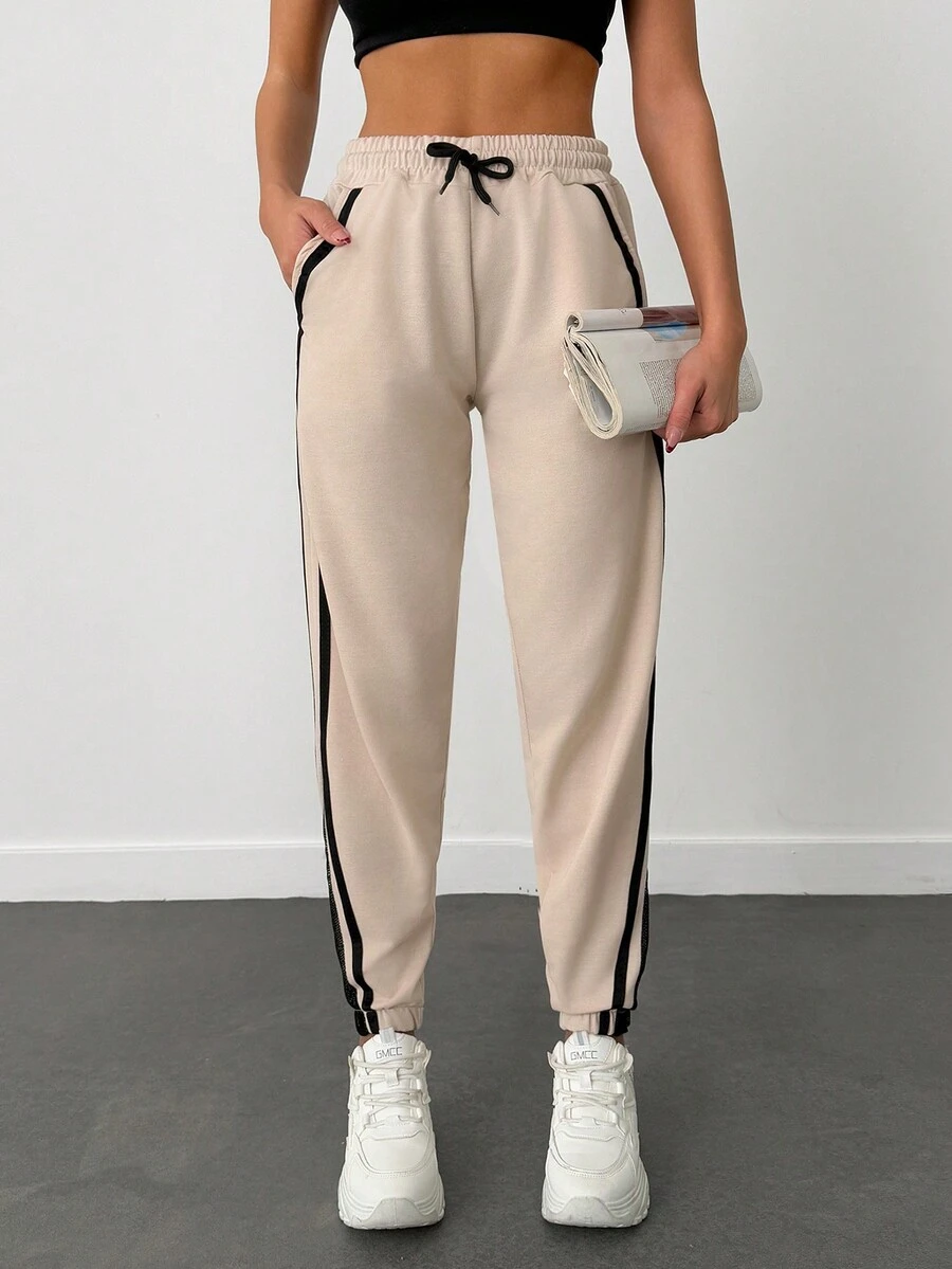 Cottnline 95% Cotton Contrast Tape Drawstring Waist Slant Pocket Sweatpants - Beige - View 1