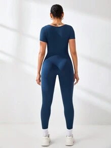 Gameset SHEIN Sport Women's Solid Color Short Sleeve Jumpsuit, Casual And Minimalist Design, Suitable For Daily Wear - Navy Blue - View 6
