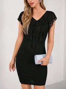 SHEIN Clasi Vestido mini ajustado de mujer con escote en V y encaje, casual y de moda para uso diario