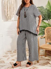 EMERY ROSE 2pcs Plus Size Plaid Short Sleeve Top And Pants Set, Casual And Fashionable For Daily Wear,Vacation Outfits Woman,Vacation Outfits Woman,Summer Clothes