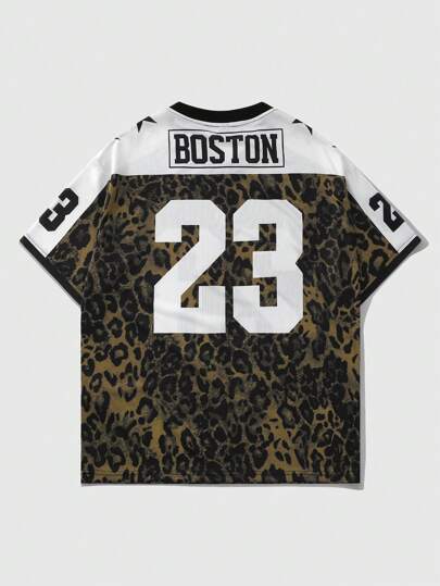 Prep Camiseta de manga corta con estampado de leopardo, estilo jersey de fútbol para hombre, adecuada para uso diario, camiseta de primavera y verano