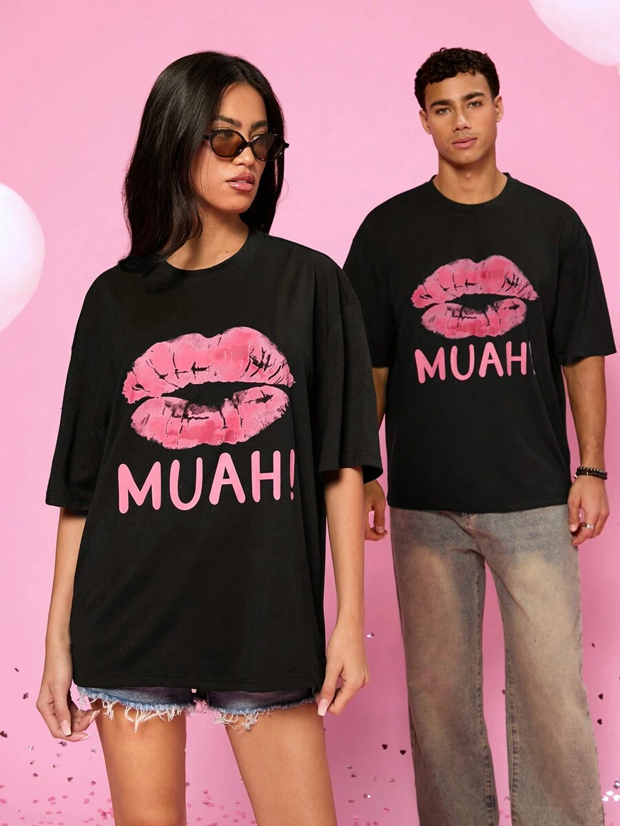 Manfinity VCAY Unisex Casual Loose Fit Lip Print & Letter Graphic Short Sleeve T-Shirt - Black - View 1