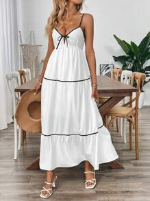 SHEIN Unity Black & White Patchwork Hollow Out Bow Front Cami Dress For Women - White - View 3
