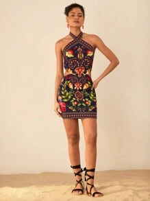 Travachic 女式编织印花露背镂空迷你连衣裙