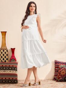 SHEIN 孕妇纯色圆领盖袖撞色蕾丝优雅连衣裙