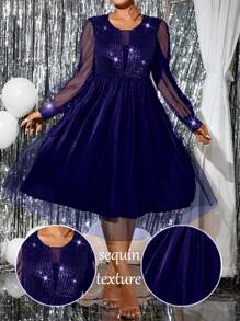 Allurite 大码女式亮片网眼长袖优雅连衣裙 - 藏蓝色 - 查看 3