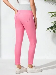 SHEIN Maternity Plain Color Splice Pocket Simple Fitted Casual Jeans - Pink - View 2