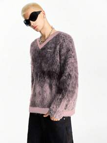 NEON BLANC 男士渐变色V领长袖毛衣，适合秋冬季，垃圾摇滚风格 - 紅色 - 查看 4