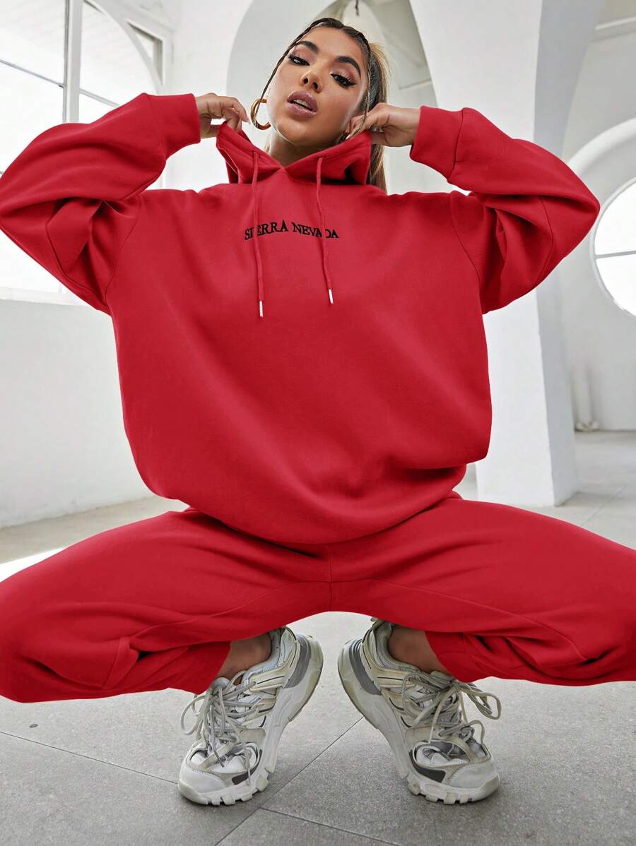EURMUSE Slogan Graphic Drop Shoulder Drawstring Red Hoodie & Sweatpants - Red - View 1