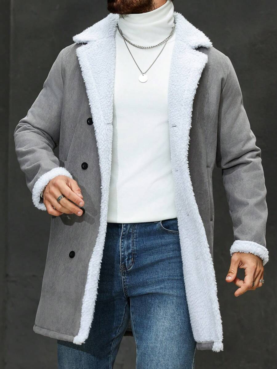 Manfinity Roghcode Men's Front Button Closure Long Sleeve Fuzzy Splicing Casual Jacket,Turtleneck Men,Winter Men Clothes,Men Flannel - Light Grey - View 1