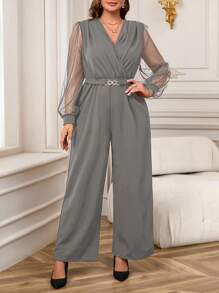 EMERY ROSE Ropa de invierno talla grande para mujer - Ropa de mujer de Navidad, mono elegante de unicolor con parches de malla y mangas farol