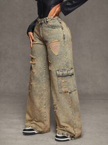 SHEIN SXY Women's Front Button Pocket Ripped Minimalist Casual Jeans - Blue - View 4