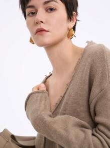 SHEIN Clasi Áo len dệt kim màu kaki cho nữ, thời trang tối giản, thường ngày, mặc hàng ngày vào mùa thu đông - Màu Khaki - Xem 4