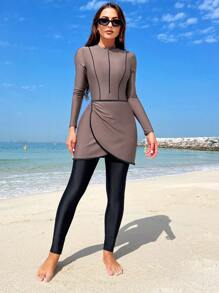 Swim Mulvari Summer Beach Women's Long Sleeve Stand Collar One Piece Swimsuit