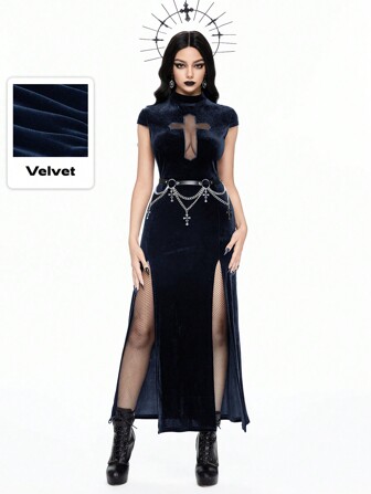 Goth Vestido gótico de vampiro, ajustado, con cruz hueca, abertura alta y entallado