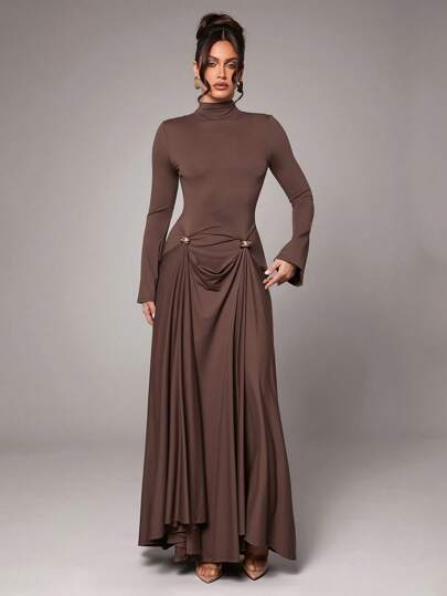 SHEIN BAE Long Sleeve Solid Brown Coffee Color Dress