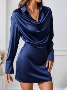 SHEIN Frenchy Women Solid Color Draped Neck Long Sleeve Elegant Short Dress
