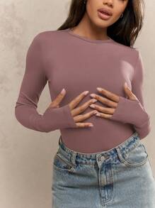 MISSGUIDED 罗纹长袖紧身衣经典版型贴合必备塑身衣打底秋冬衣柜基本款紧身衣舞蹈表演运动服 - 藕粉色 - 查看 3